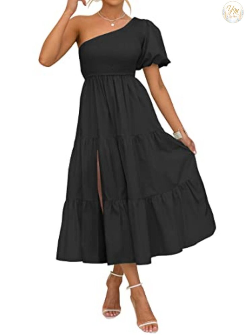 One Shoulder Smocked Midi Dress A-Line Rayon Side Slit Tiered